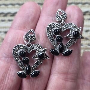 Sterling Silver Marcasite Heart Star Earrings Onyx Glass Pierced Post Backs